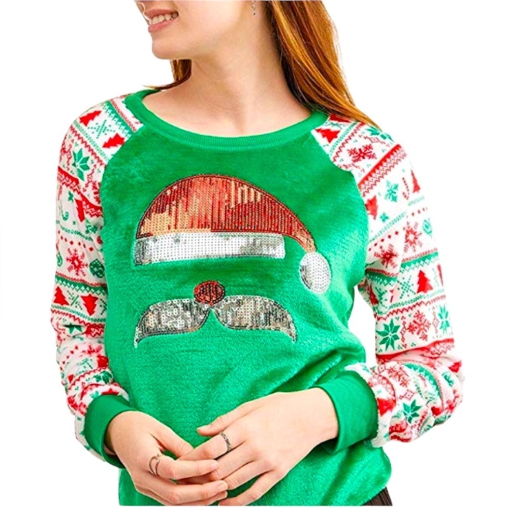 Holiday Time Juniors L (11-13) Velour Ugly Christmas Sweater Holiday Santa